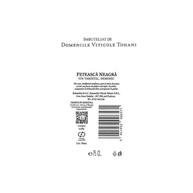 Vin Rosu Demisec, Varietal, Feteasca Neagra, Domeniile Tohani, 0.75 l [2]
