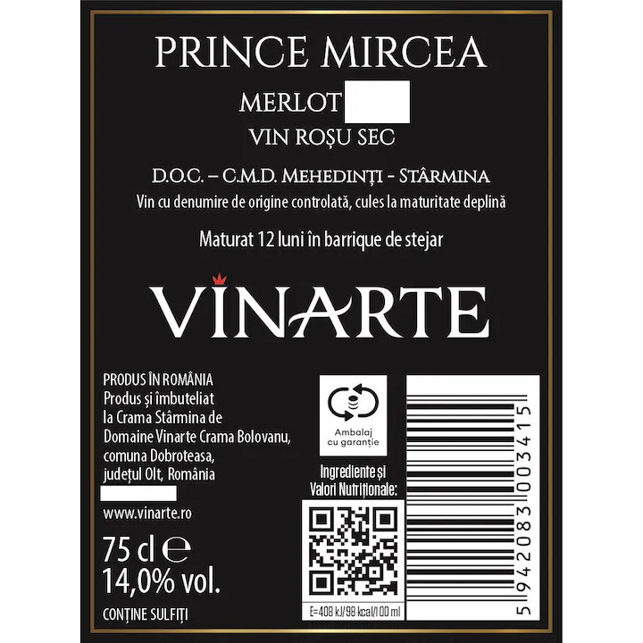 Vin Rosu Vinarte Prince Mircea Merlot, DOC, Sec, 0.75l [2]