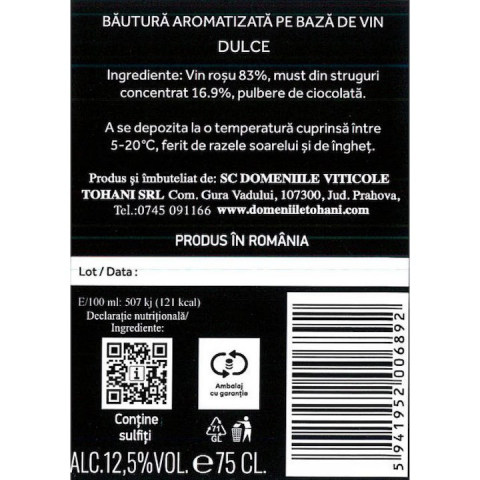 Bautura Aromatizata Pe Baza De Vin, Tohani Wine Chocolate Sweet Rosu, 12.5%, 0.75 L -Vivomarket.ro [1]
