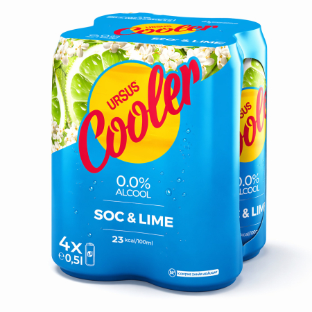 Noutati! - Bere blonda fara alcool cu aroma de Soc si Lime, Ursus Cooler, 4 x 0.5 l