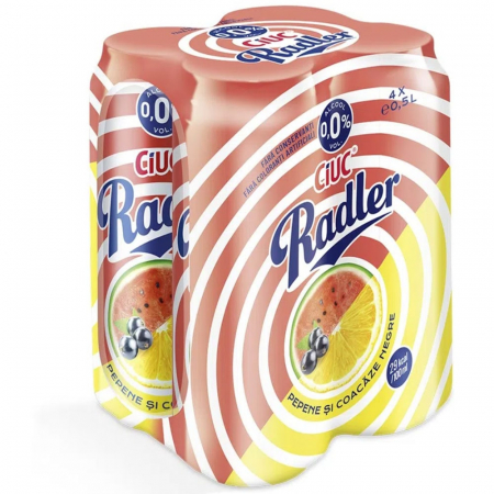 Beri - Bere Ciuc Radler cu arome de Lamaie, Pepene Rosu si Coacaze Negre, doza, 0% alcool, 4 x 0.5 l