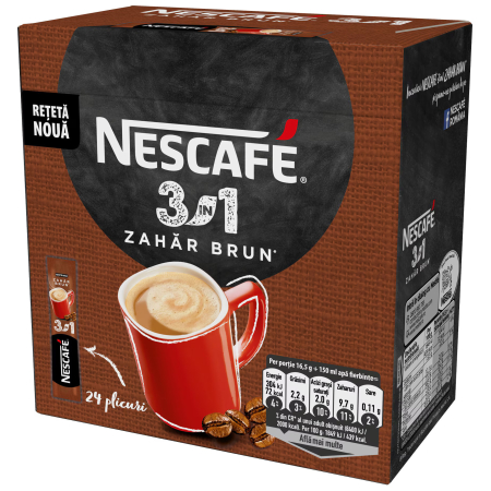 Cafea - Cafea solubila, Nescafe 3 in 1 cu Zahar Brun, 24 plicuri x 16.5 g