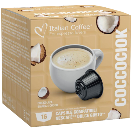 Bacanie - Coccociok, Ciocolata calda alba cu cocos, 16 capsule compatibile Nescafe Dolce Gusto