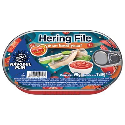 Conserve - File de Hering in Sos Tomat Picant, Navodul Plin, 180 g-Vivomarket.ro
