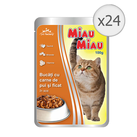 Noutati! - Hrana umeda pentru pisici Miau Miau,, 24x100g, Pui, Ficat