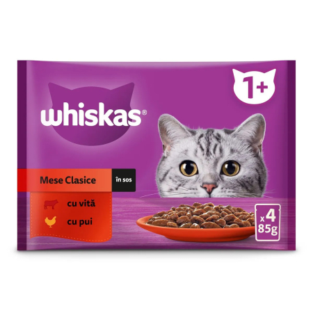 Petshop - Hrana umeda pentru pisici adulte Whiskas, Vita si Pui, 4 x 85 g