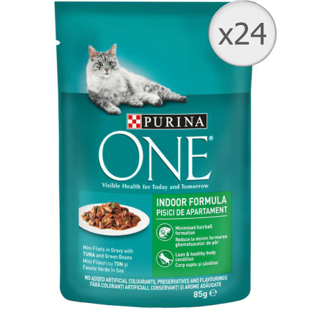 Noutati! - Hrana umeda pentru pisici Purina One Adult, Mini Fileuri cu Ton & Fasole Verde, In Sos, 26 x 85 g