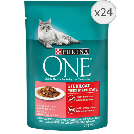 Noutati! - Hrana umeda pentru pisici Purina One Sterilcat, Mini Fileuri In Sos, Somon & Morcovi, 24 x 85g