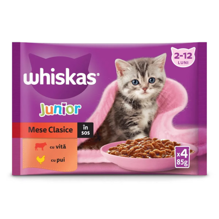 Hrana pentru pisici - Hrana umeda pentru pisici Whiskas, Junior, Pui si Vita, 4 x 85 g