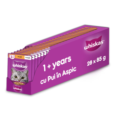 Petshop - Hrana umeda pentru pisici Whiskas, pui in aspic, 28 x 85 g