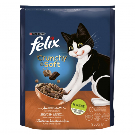 Hrana uscata pentru pisici Felix Crunchy & Soft, Pui, Curcan si legume, 950 g [0]