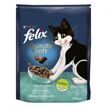 Hrana uscata pentru pisici Felix Crunchy & Soft, Somon, Ton si Legume, 950 g [0]