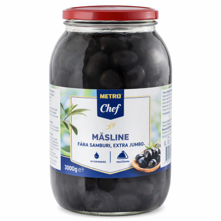 Produse Horeca - Masline Negre Extra, Fara Samburi, Jumbo, Calibru 161-180, Metro Chef, 1.8 Kg