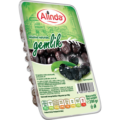 Conserve - Masline Negre Gemlik, Calibrul 180 -200, Alinda, 200 g-Vivomarket.ro