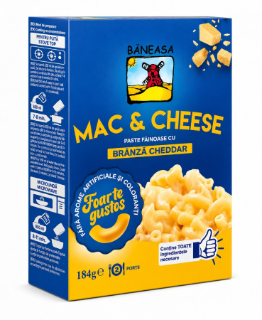 Bacanie - Paste cu branza Cheddar, Mac & Cheese, Baneasa, 184 g-Vivomarket.ro