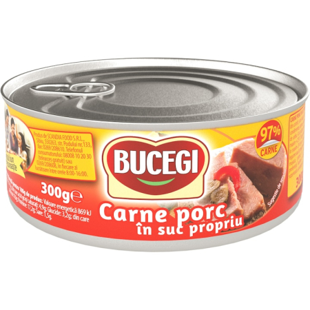 Bacanie - Carne porc in suc propriu 97% Bucegi, 300 g-VivoMarket.ro