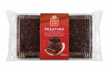 Dulciuri - Prajitura cu Crema de Cacao, cu Glazura si Paiete de Cacao si Umplutura de Visine, Fine Life, 220 g