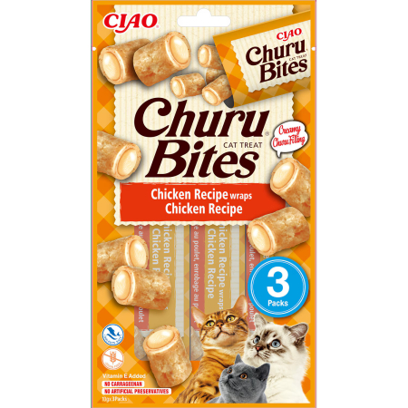 Noutati! - Recompense pentru pisici INABA Ciao, Churu Bites, bucati de Pui umplute cu crema de Pui, 3x10g