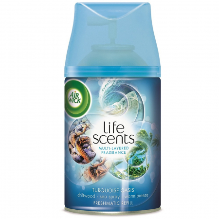 Odorizant camera - Rezerva odorizant camera, Air Wick Life Scents, Turquoise Oasis cu lemn uscat la soare, apa de mare sarata si briza calda, spray 250 ml