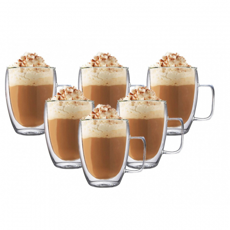 Set 6 cani din sticla borosilicata cu pereti dubli, termorezistente, 350 ml, transparente, EC Design [0]