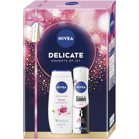 Noutati! - Set: Gel de dus NIVEA Rose & Almond Oil 250 ml + Deodorant spray Invisible Black & White Clear, 150 ml-Vivomarket.ro