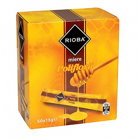 Alimente de baza - Set Stick-uri/Plicuri miere poliflora pentru cafea si ceai, 50 buc x 15 g, Rioba