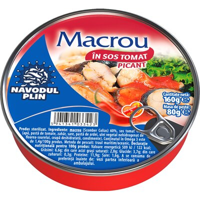 Conserve - Macrou in Sos Tomat Picant, Navodul Plin, 160 g