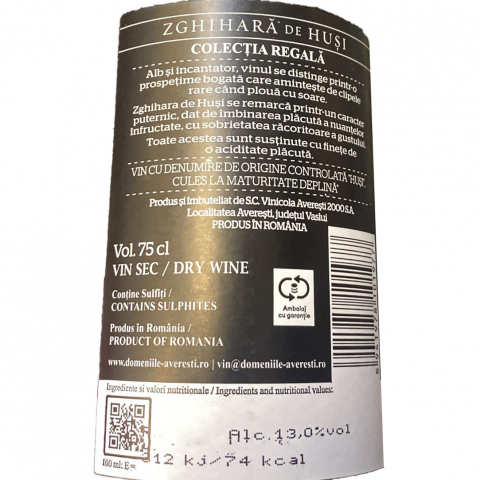 Vin Alb Domeniile Averesti, Colectia Regala, Zghiara de Husi, D.O.C., Sec, 0.75l [1]