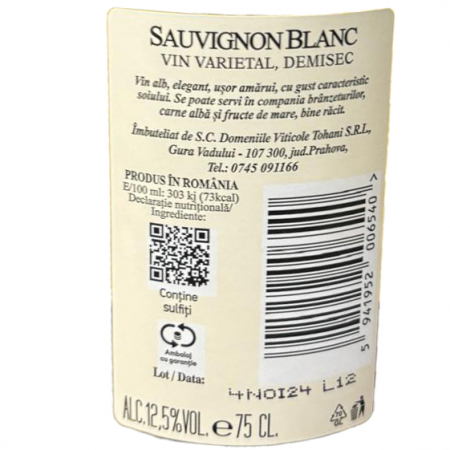 Vin Alb Varietal, Demisec, Sauvignon Blanc, Domeniile Tohani, 0.75 L [1]