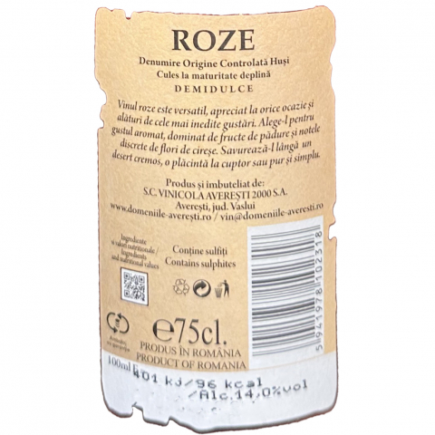 Vin Rose, Demidulce, DOC, Domeniile Averesti, Podgoria Husi. 0.75 l [1]