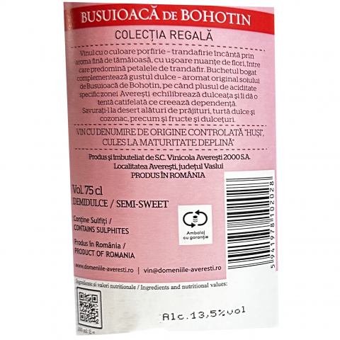 Vin Rose Domeniile Averesti, Colectia Regala, Busuioaca de Bohotin, D.O.C. Husi, Demidulce, 0.75l [1]