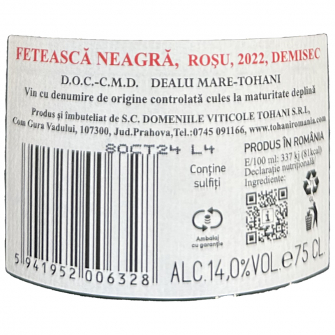 Vin Rosu, Demisec, Feteasca Neagra, Mosia Tohani, 0.75 l [1]