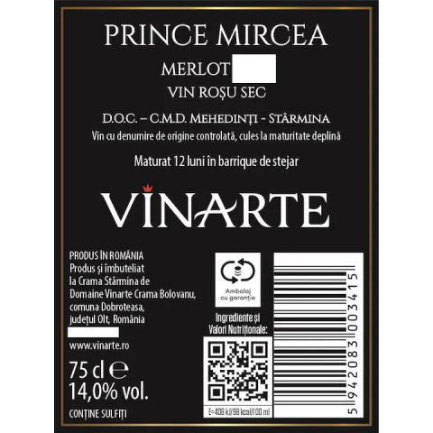 Vin Rosu Vinarte Prince Mircea Merlot, DOC, Sec, 0.75l [1]