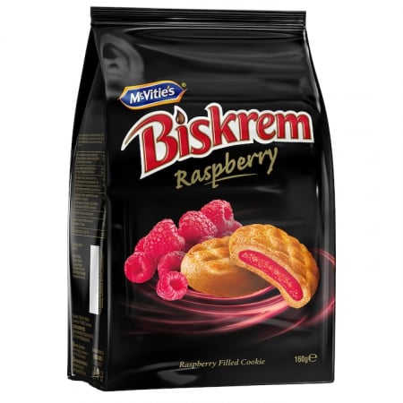 Produse de baza - Biscuiti cu umplutura de zmeura Biskrem, 160 g