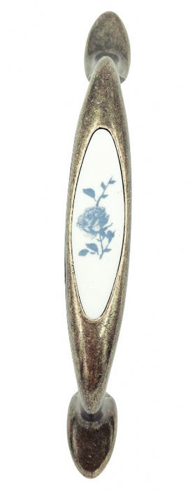 Maner pentru mobila cu insertie rasina floare albastra, finisaj bronz oxidat, 96 mm [2]