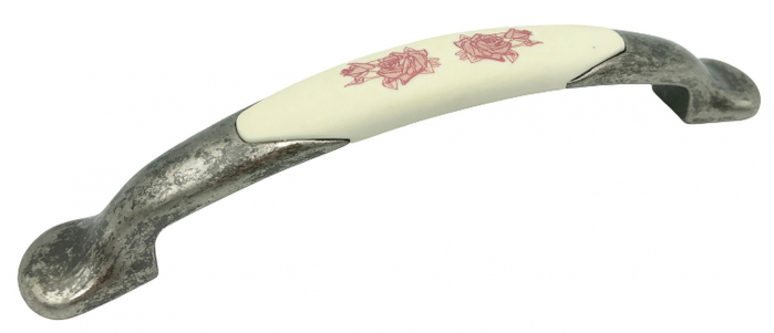 Maner pentru mobila cu insertie rasina floare rosie, finisaj argint oxidat, 128 mm [1]
