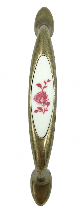 Maner pentru mobila cu insertie rasina floare rosie, finisaj bronz oxidat, 96 mm [2]