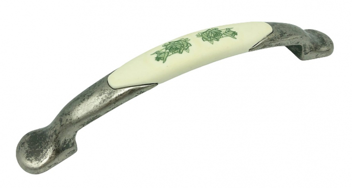Maner pentru mobila cu insertie rasina floare verde, finisaj argint oxidat, 128 mm [1]