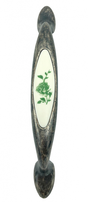 Maner pentru mobila cu insertie rasina floare verde, finisaj argint oxidat, 96 mm [2]
