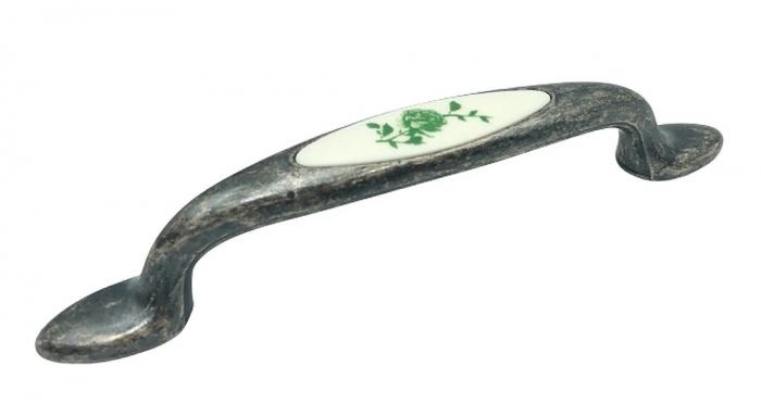 Maner pentru mobila cu insertie rasina floare verde, finisaj argint oxidat, 96 mm [1]