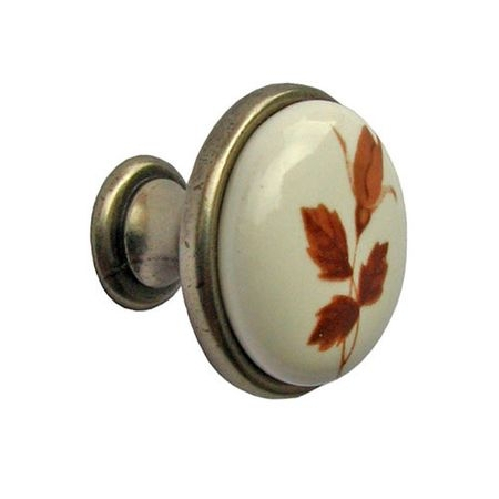Manere pentru mobila - Buton pentru mobilier cu insertie ceramica floare maro finisaj auriu antichizat