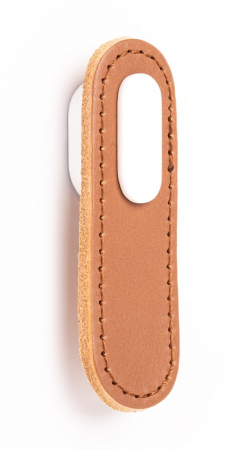 Butoni din piele - Oblong  - Maner, buton din piele bej pentru mobilier, cu ornament, finisaj alb mat, L 70 mm