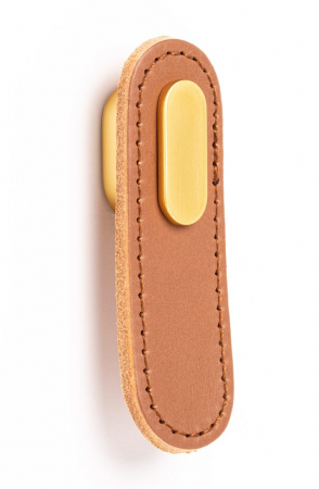 Butoni din piele - Oblong  - Maner, buton din piele bej pentru mobilier, cu ornament, finisaj auriu periat, L 70 mm