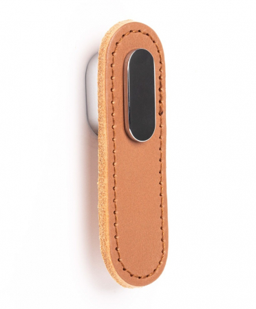 Butoni din piele - Oblong  - Maner, buton din piele bej pentru mobilier, cu ornament, finisaj crom lucios, L 70 mm