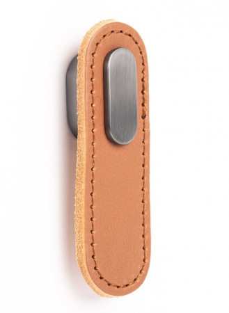 Butoni din piele - Oblong  - Maner, buton din piele bej pentru mobilier, cu ornament, finisaj gri periat, L 70 mm
