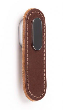 Butoni din piele - Oblong  - Maner, buton din piele maro pentru mobilier, cu ornament, finisaj crom lucios, L 70 mm