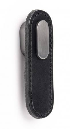 Butoni din piele - Oblong  - Maner, buton din piele neagra pentru mobilier, cu ornament, finisaj gri periat, L 70 mm