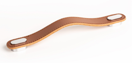 Manere din piele - Oblong  - Maner din piele bej pentru mobilier, cu ornament, finisaj crom lucios, L197 mm