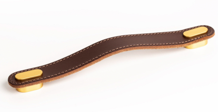 Manere din piele - Maner Oblong din piele maro pentru mobilier, cu ornament finisaj auriu periat, L:197 mm