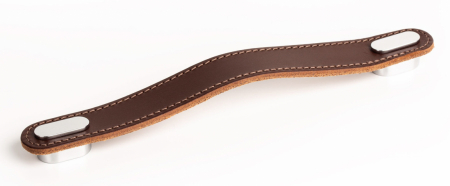Manere din piele - Oblong  - Maner din piele maro pentru mobilier, cu ornament, finisaj crom lucios, L 197 mm